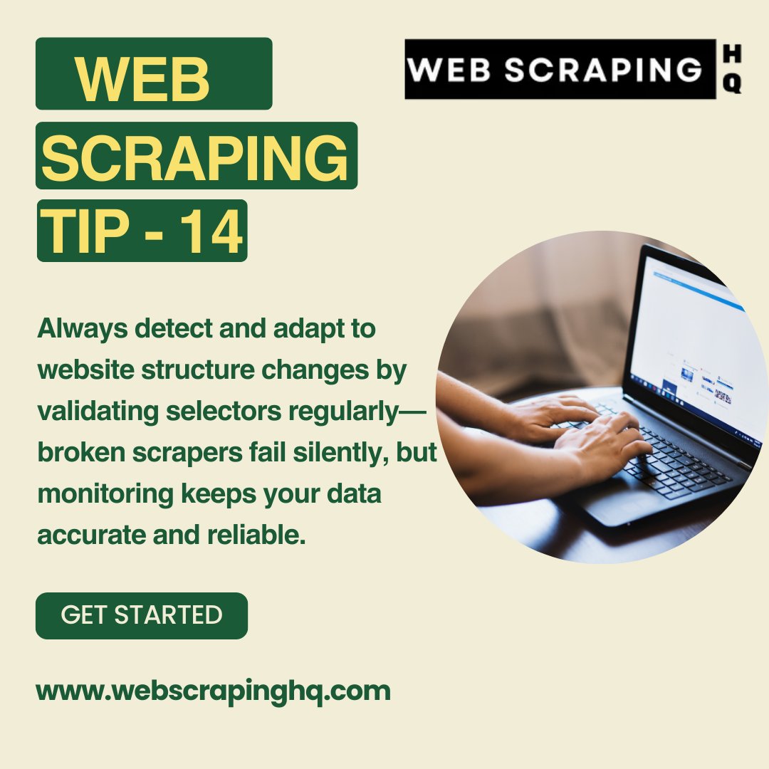 Web_Scraping_HQ's tweet image. Web Scraping Tip - 14

Always detect and adapt to website structure changes by validating selectors regularly—broken scrapers fail silently, but monitoring keeps your data accurate and reliable.

Visit webscrapinghq.com For More details on Web scraping 

#WebScrapingHQ #Web