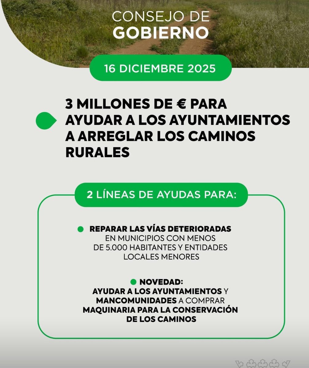 ¡¡¡Qué vergüenza!!!

Guardiola llama “ayudas” a lo que antes la Junta hacía y ejecutaba al 100%. 

Ahora, si un ayuntamiento quiere arreglar caminos rurales, Guardiola le pasa la factura.

Menos gestión pública, más castigo a los ayuntamientos.

Un retroceso en toda regla.
21D: