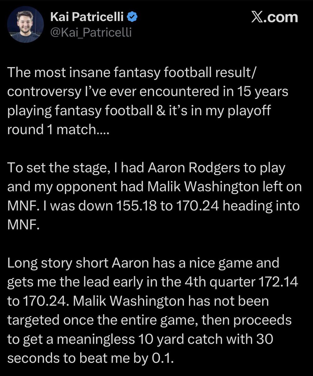 jacksettleman's tweet image. No, this is the WORST fantasy football loss ever

@Kai_Patricelli