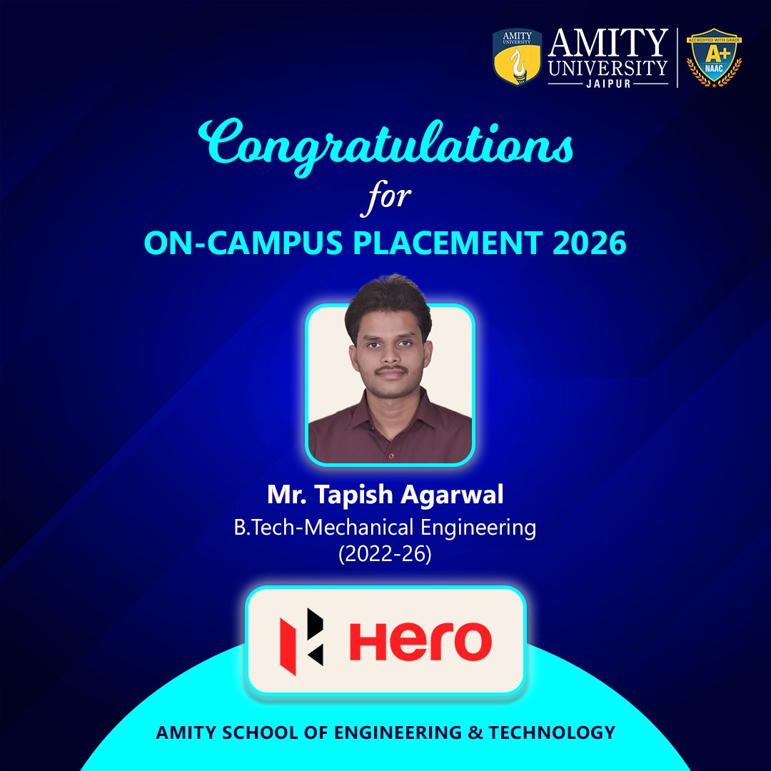 AmityUniJaipur's tweet image. We are incredibly proud to announce the on-campus placement of Mr. Tapish Agarwal with Hero MotoCorp. Congratulations, Tapish, on joining a brand that moves the nation!

#AmityUniversityJaipur #EngineeringSuccess #HeroMotoCorp #MechanicalEngineering #CampusPlacement