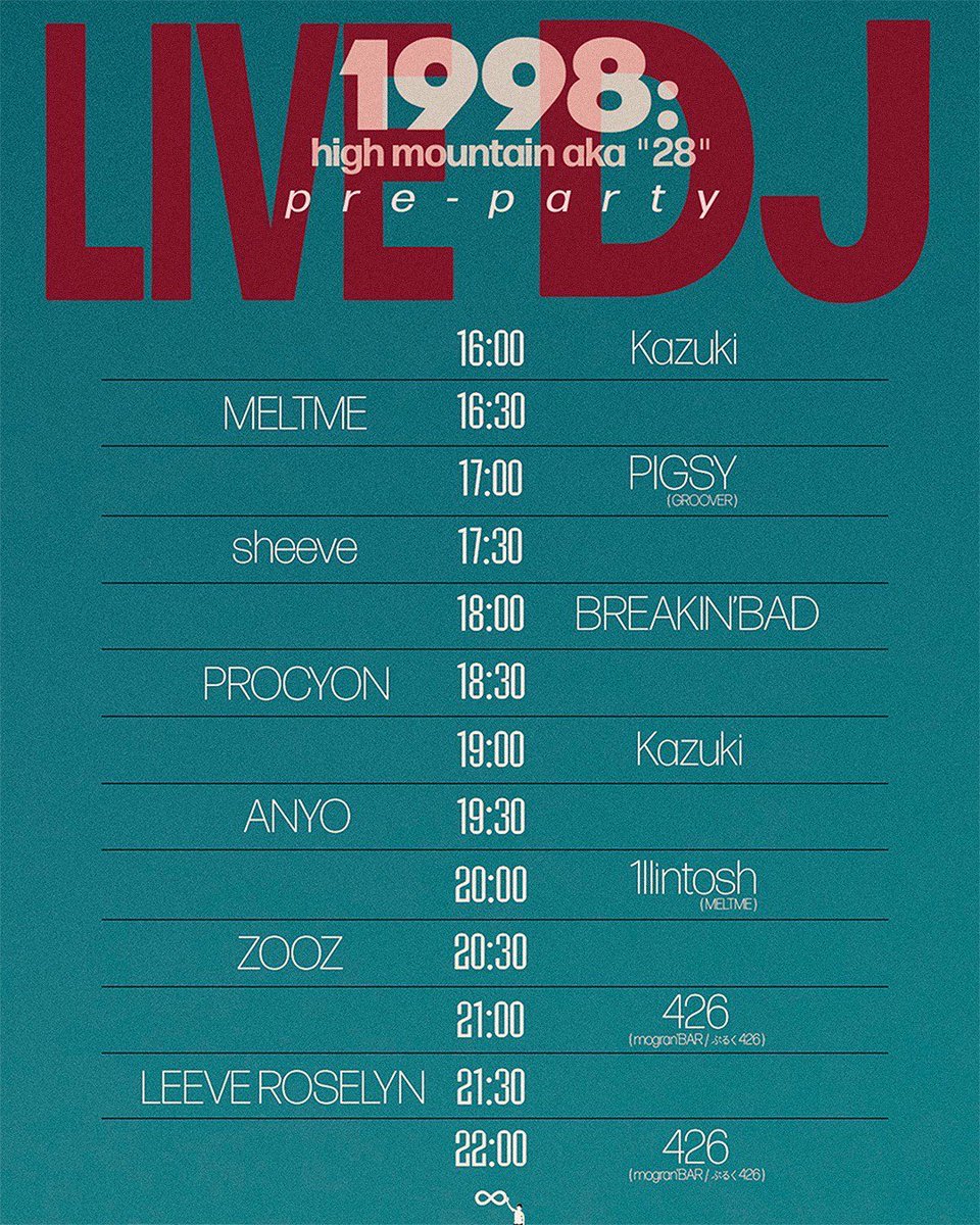 大阪の新年一発目は西成で！

1/24(土)
西成CLUB WATER
『1998:high mountain a.k.a."28" pre party』
OPEN16:00
START16:30
ADV 3000円(+1drink)

ANYO
LEEVE ROSELYN
PROCYON
sheeve
MELTME
ZOOZ

DJ
PIGSY (GROOVER)
1llintosh (MELTME)
BREAKIN’BAD
Kazuki
426(mogran'BAR / ぶるく426)

VJ
Shunma