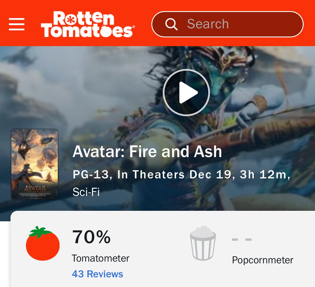 FilmUpdates's tweet image. ‘AVATAR: FIRE AND ASH’ debuts at 70% on Rotten Tomatoes from 43 reviews.

In theaters December 19.