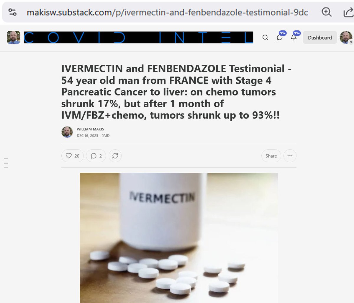 MakisMedicine's tweet image. BREAKING NEWS: IVERMECTIN and FENBENDAZOLE Testimonial - 54 year old man from FRANCE with Stage 4 Pancreatic Cancer to liver: on chemo tumors shrunk 17%, but after 1 month of IVM/FBZ+chemo, tumors shrunk up to 93%!!

One of my MOST IMPORTANT Cancer testimonials and you will see…