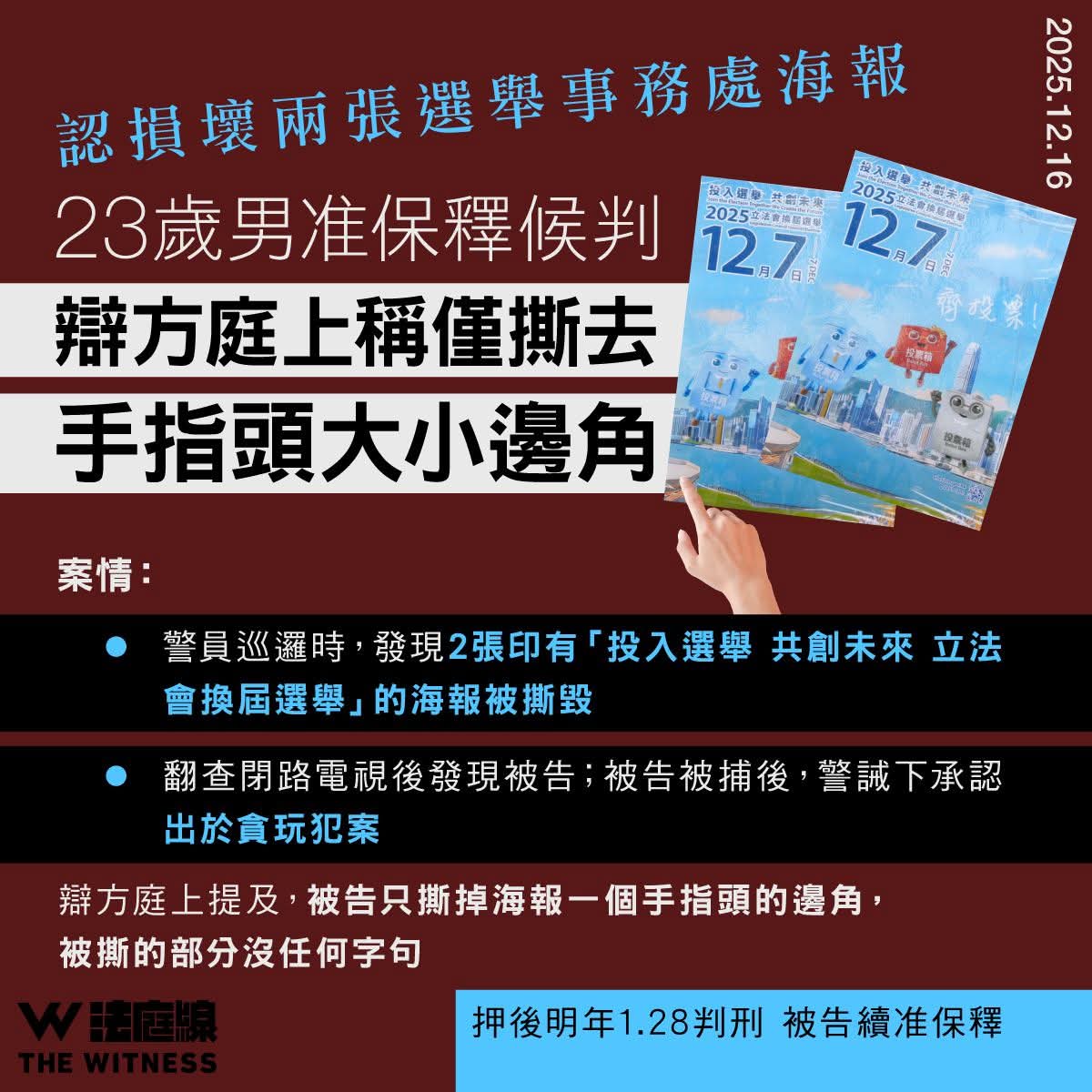 23 year old man in Hong Kong pleads to vandalism over tearing off fingertip sized corners of election promo posters in November this year. Defendant granted bail as courts wait for Probation Order and Community Service Order reports before sentencing on 28 Jan, '26