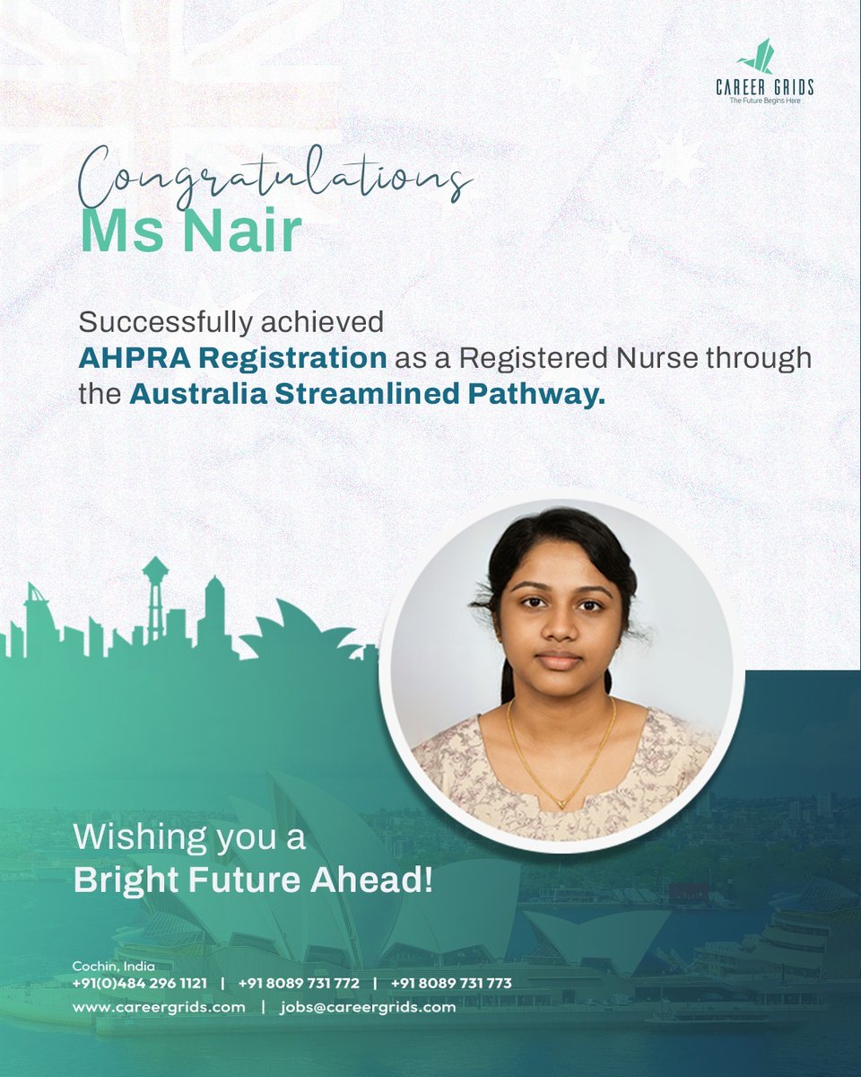 🎉 Congratulations to Ms Nair on Successfully Securing AHPRA Registration as a Registered Nurse through the Australia Streamlined Pathway! 🇦🇺

📞 Contact Us Today:
📱 +91-8089731772 | +91-8089731773
📧 jobs@careergrids.com