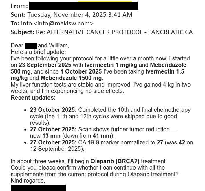 MakisMedicine's tweet image. BREAKING NEWS: IVERMECTIN and FENBENDAZOLE Testimonial - 54 year old man from FRANCE with Stage 4 Pancreatic Cancer to liver: on chemo tumors shrunk 17%, but after 1 month of IVM/FBZ+chemo, tumors shrunk up to 93%!!

One of my MOST IMPORTANT Cancer testimonials and you will see…