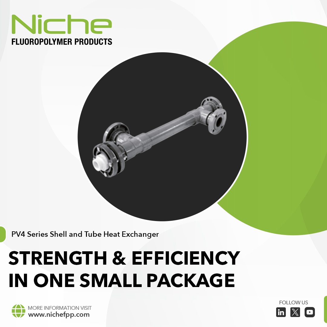 NicheFPP's tweet photo. PV4 Series Shell and Tube #HeatExchangers may be compact, but they deliver steady, reliable cooling for low-flow processes. Built with #FEP, #PFA, or “Q” Series tubing, they handle tough, corrosive liquids without losing efficiency. https://t.co/f8xPzudtq2