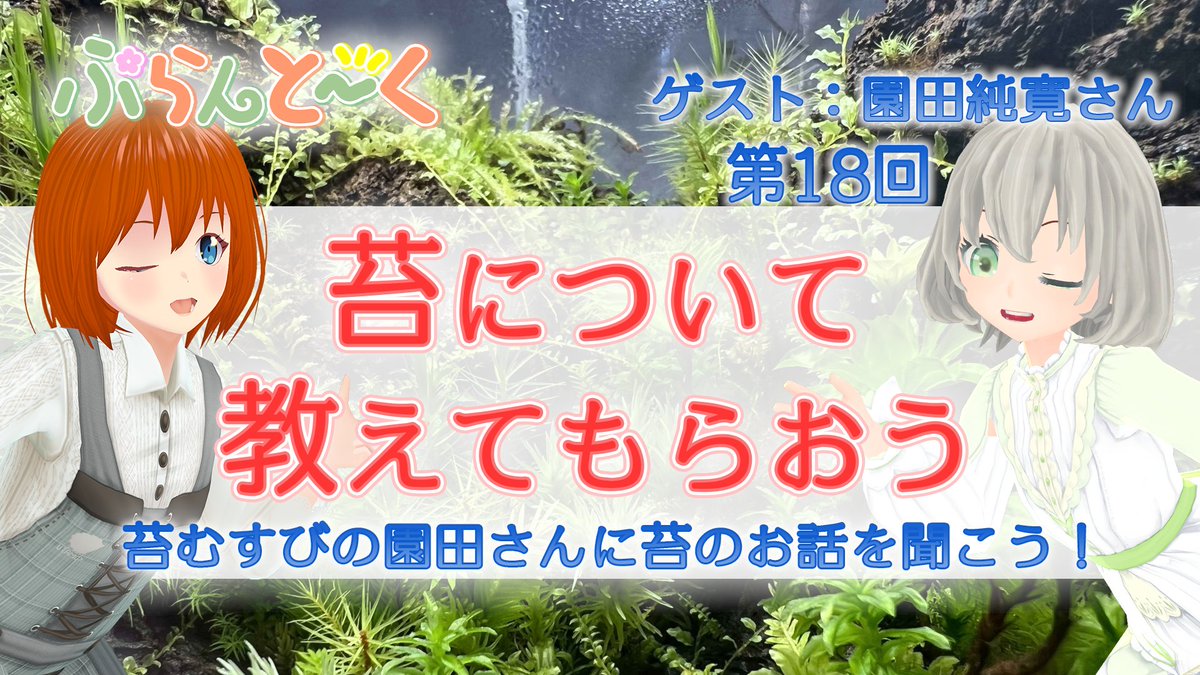 今週金曜日22時からは、植物トークコラボ「ぷらんとーく」の配信やります！

花白もか（ <a href="/Wh_Moca/">花白もか(MocaHanashiro)☕🌱</a> ）さんと一緒にゲストの方から植物のお話を聞いていく企画です！
今回は、苔に関する事業を展開する「苔むすび」の園田純寛（ <a href="/kokesono/">苔むすびの苔師 園田純寛@鎌倉</a> ）さんをお招きしてコケ植物について伺います！
URLはリプ欄に！