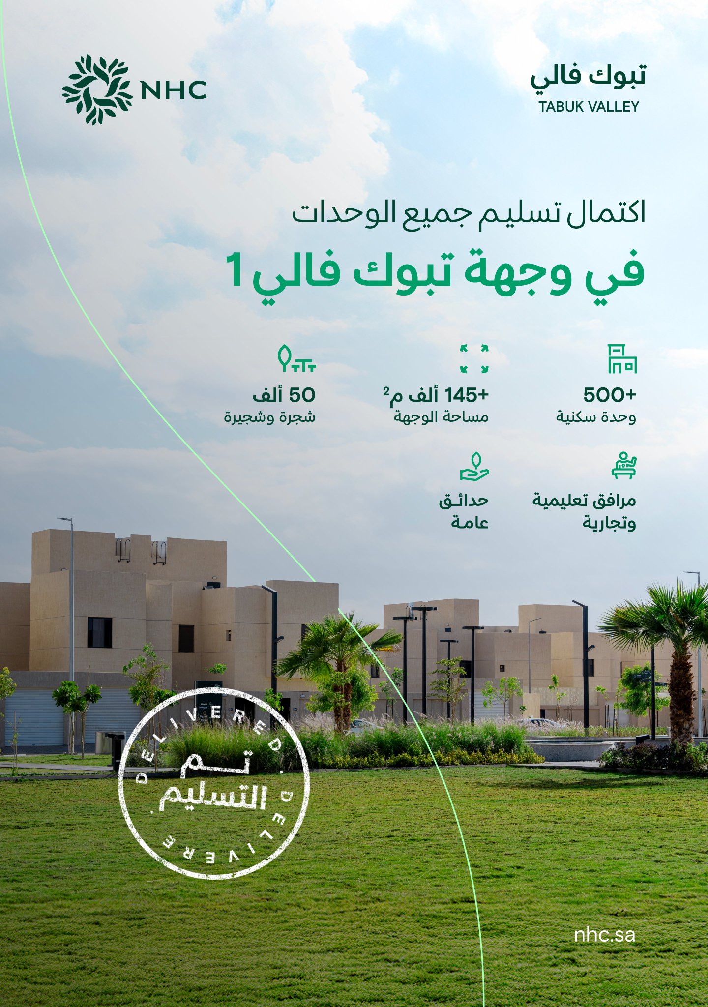 تعلن اكتمال تسليم وجهة تبوك فالي1 في تبوك، ضمن جهودها لتطوير وجهات عمرانية متكاملة ترتقي بجودة الحياة 