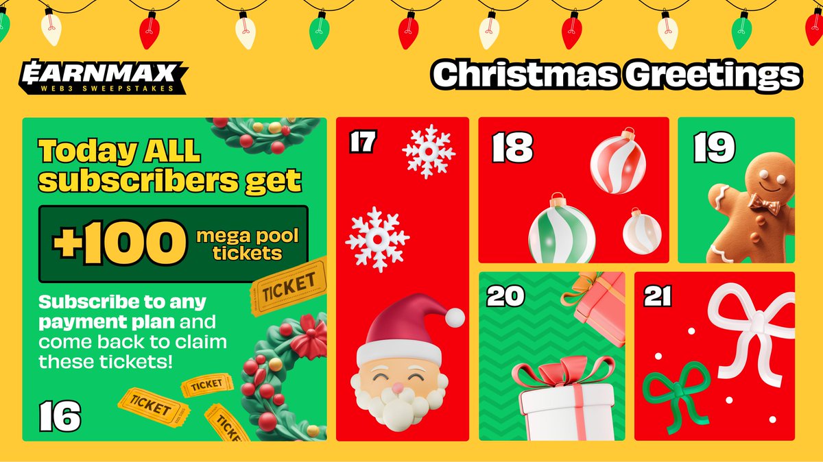 EARNMrewards's tweet image. 🎄 EARNMax Advent Calendar – December 16 is LIVE!

Today’s reward is for subscribers 👀
ALL active subscribers get +100 Mega Pool tickets automatically!

Not subscribed yet?
Subscribe to any payment plan and come back to claim your tickets 🎟️

👉 max.earnm.com