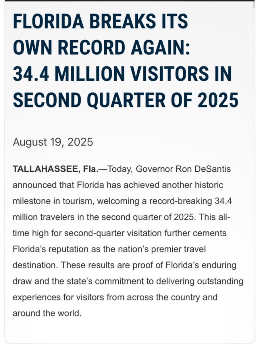 🇨🇦 Doug Ford says Florida is “hurting” because Canadians are boycotting it. 😂

Meanwhile…

🌴 Florida just smashed records
📈 34.4 MILLION visitors in Q2 2025 ..the highest ever

Reality check:
• Florida’s tourism is booming
• Canadians are hurting ..not Florida
• Spin