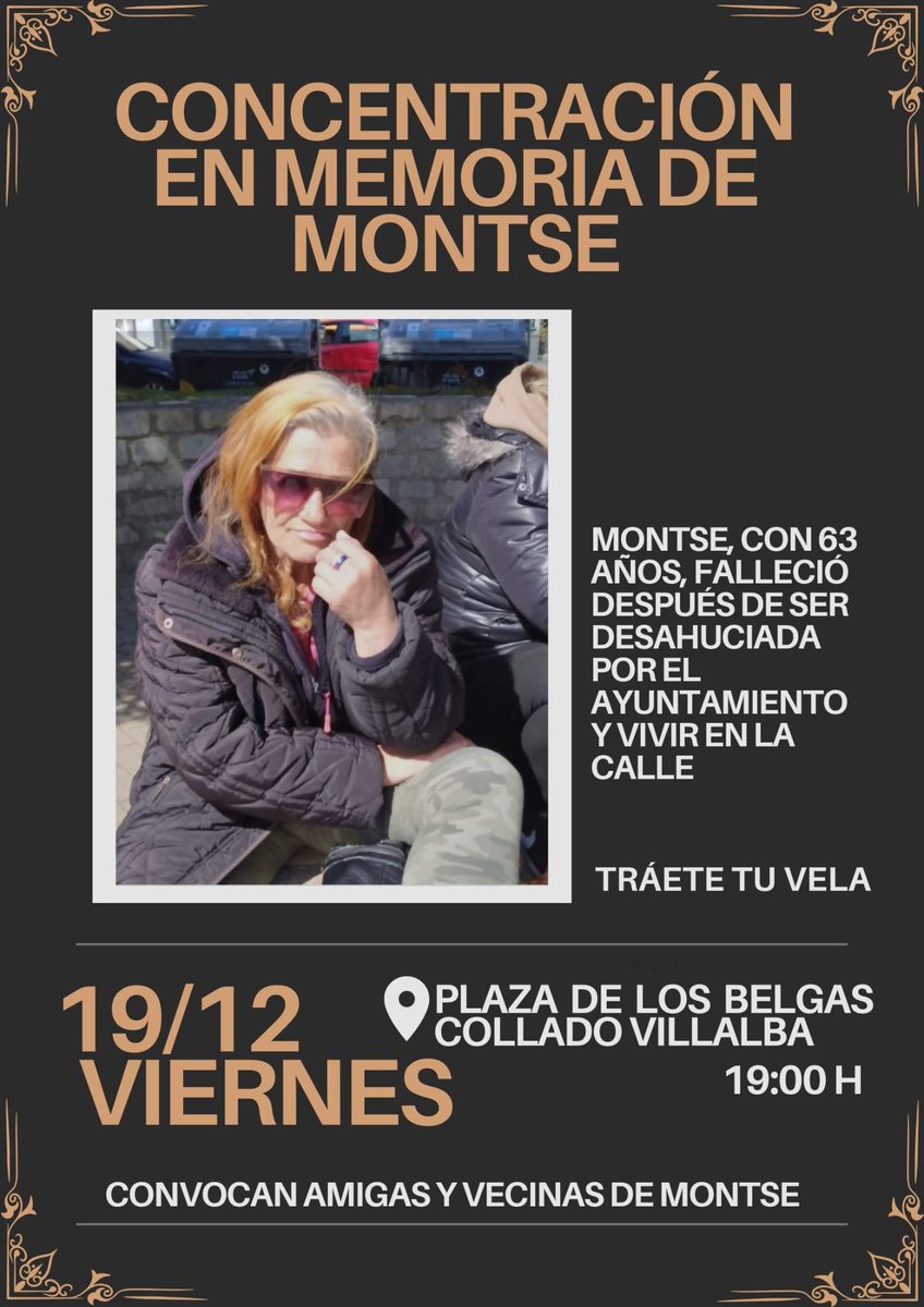 IUGalapagar's tweet photo. ⚠️ #ColladoVillalba lo advirtió: Servicios Sociales deshumanizados dejaban a la gente atrás. 
Montse, vecina desalojada, falleció. No fue un caso aislado.  El abandono institucional mata.
🕯️19/12. 19:00. Plaza de los Belgas
🕯️ Trae tu vela
#ServiciosSocialesDignos #NiUnaMás https://t.co/4oma1DHcnX