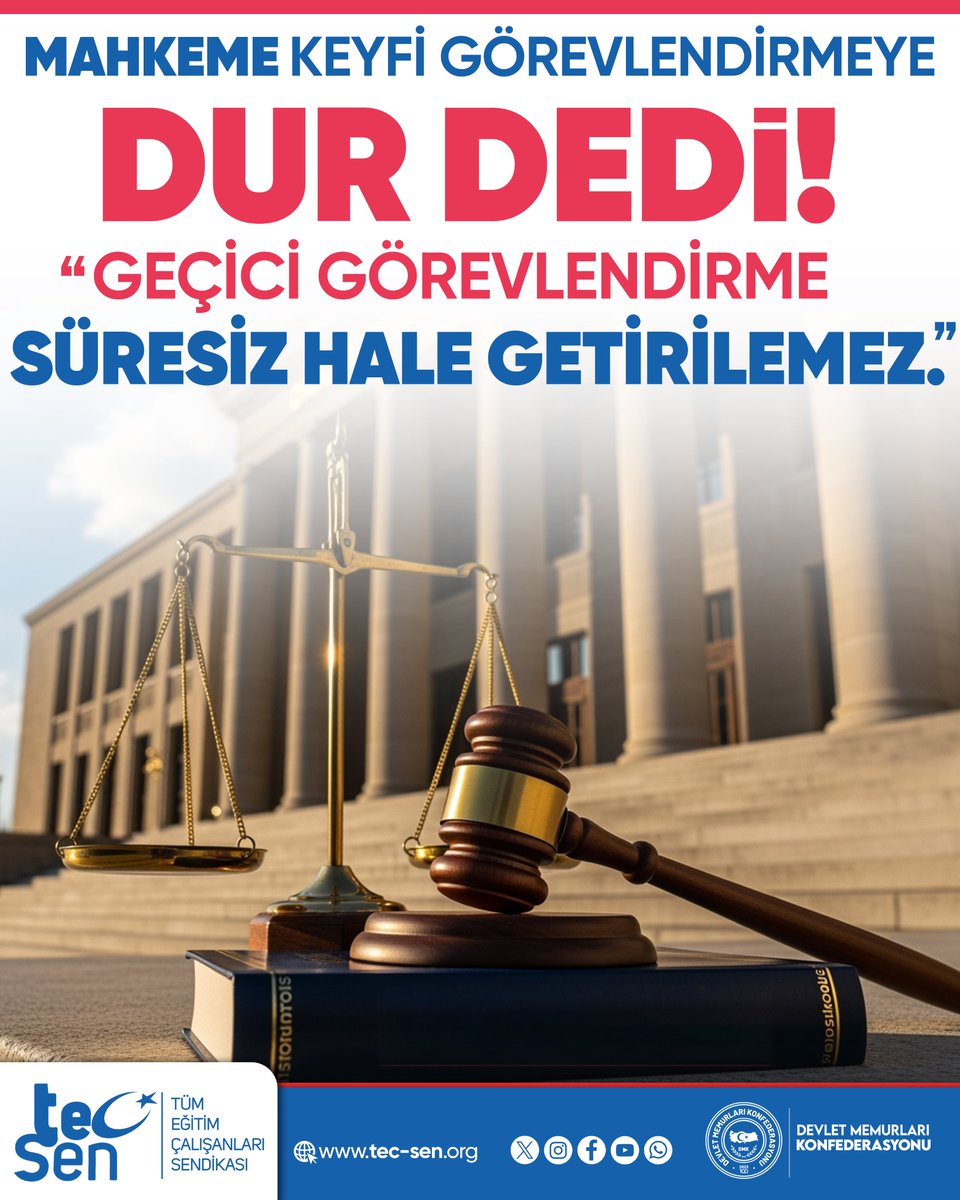 📢 Mahkeme Keyfi Görevlendirmeye Dur Dedi. Geçici Görevlendirme Süresiz Hale Getirilemez.
📌 Sendikamız tarafından üyemiz adına açılan davada, Kastamonu İdare Mahkemesi 2025/1508 esas sayılı kararı ile geçici görevlendirmenin mevzuata aykırı şekilde uzatılmasına ilişkin işlemin