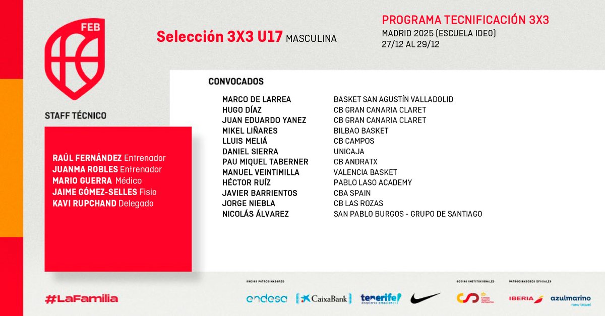 BaloncestoESP's tweet photo. 🚨 OFICIAL | 𝘾𝙊𝙉𝙑𝙊𝘾𝘼𝙏𝙊𝙍𝙄𝘼𝙎 de las Selecciones #U17M3x3 🇪🇸 y #U17F3x3‼️

Trabajando por la cantera del @FIBA3x3 en Navidad 🎄

📆 27 al 29 de diciembre
📌 Madrid

#SomosEquipo https://t.co/DHRyPIsrm2