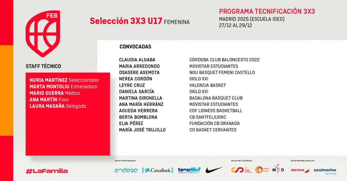 BaloncestoESP's tweet photo. 🚨 OFICIAL | 𝘾𝙊𝙉𝙑𝙊𝘾𝘼𝙏𝙊𝙍𝙄𝘼𝙎 de las Selecciones #U17M3x3 🇪🇸 y #U17F3x3‼️

Trabajando por la cantera del @FIBA3x3 en Navidad 🎄

📆 27 al 29 de diciembre
📌 Madrid

#SomosEquipo https://t.co/DHRyPIsrm2
