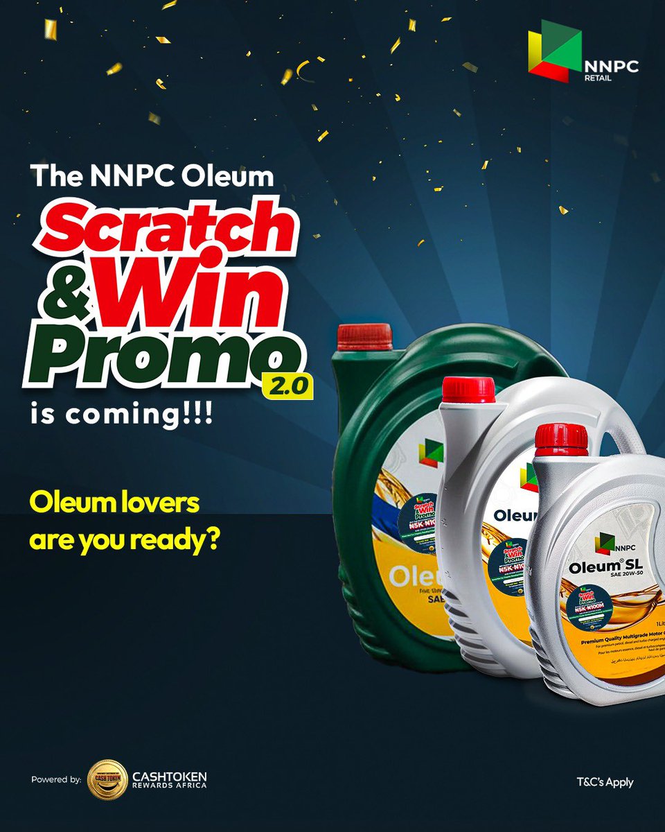 CashTokenHQ's tweet photo. Oleum Lovers are you ready??
The NNPC Oleum Scratch & Win Promo 2:0 is coming!
That means Amazing Prizes coming your way!
I am sure ready! Are you??
#NNPCOleumscratcandwinpromo #NNPCretail #cashtokenrewardsafrica https://t.co/0715Vf7wSG