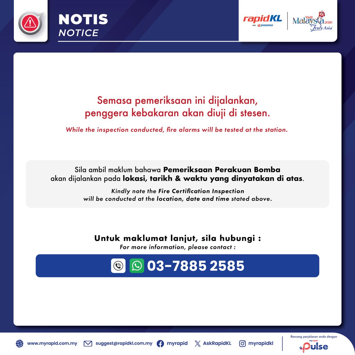 askrapidkl's tweet photo. Pemeriksaan Perakuan Bomba Dijalankan Di Beberapa Stesen Laluan Putrajaya & Kajang pada 16 hingga 18 Disember 2025.
Rujuk poster untuk info lanjut. #RapidKL #PYL #KGL https://t.co/nGoLfw0ScG