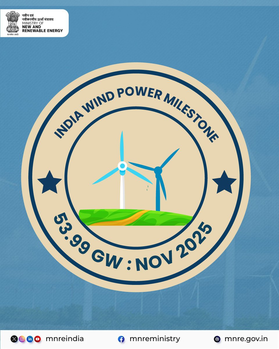 mnreindia's tweet photo. Nearly 54 GW of installed wind capacity is driving India’s Renewable Energy shift.
#WindEnergy #GreenPower #MNREIndia #EnergyTransition https://t.co/Fh0ZQp7sy6