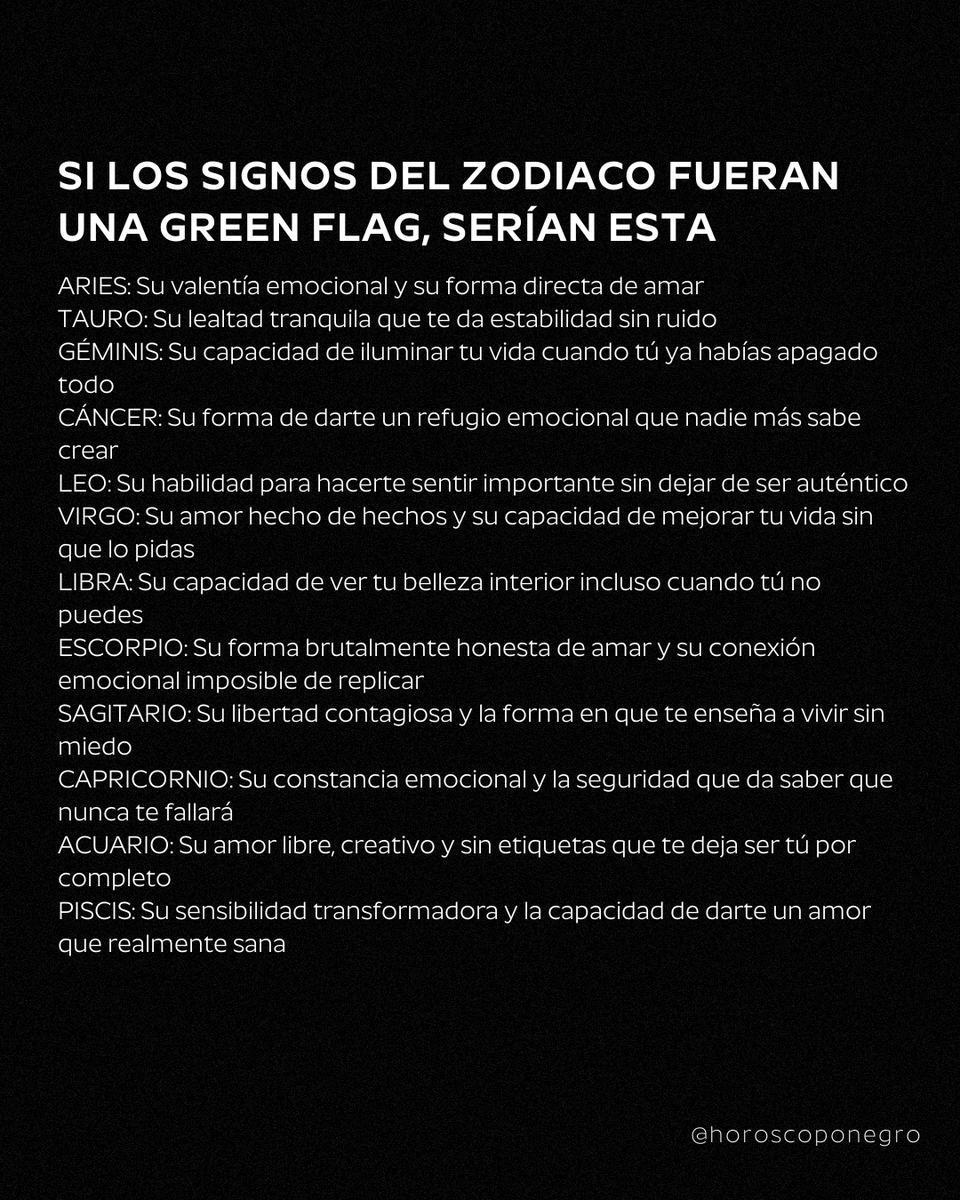 horoscoponegro's tweet image. La green flag que cada signo sería 💚