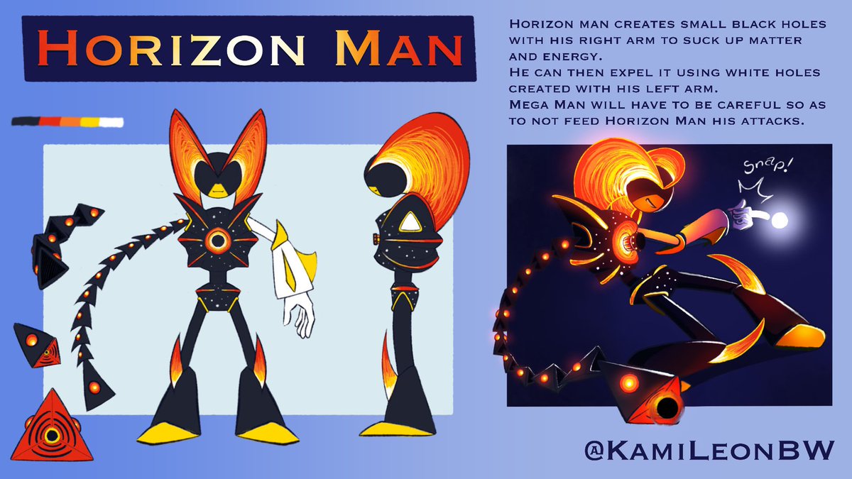 KamiLeonBW's tweet photo. Robot Master Design: Horizon Man

As in the event horizon of a black hole. His gimmick is black holes. 

Pen name: Kamily

#MegaManDO #DesignARobotMaster https://t.co/BRONzDhvSr
