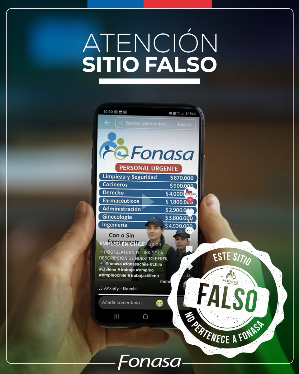 Fonasa's tweet photo. #Fonasa advierte que este tipo de estafa está diseñada para robar información personal y datos bancarios. La institución no ofrece trabajos por redes sociales, solo por la página de Empleos Públicos https://t.co/vUbmbLLGFO https://t.co/QL2xbNG75E
