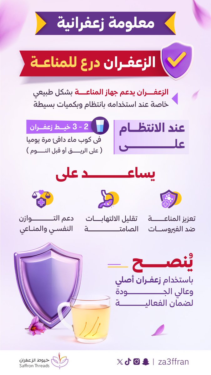 هل تعلم 🤔‼️
إن الزعفران يُعدّ من أقوى الدروع الطبيعية للمناعة 🛡
عند استخدامه بانتظام يساعد على تعزيز مقاومة الجسم، تقليل الالتهابات، ودعم التوازن النفسي والمناعي.

والنتيجة ؟ دايمًا ترتبط بنقاء الزعفران وجودته، رشّة أصليّة تصنع فرق حقيقي 👌

#خيوط_الزعفران #الأصلي_يفرق_معك