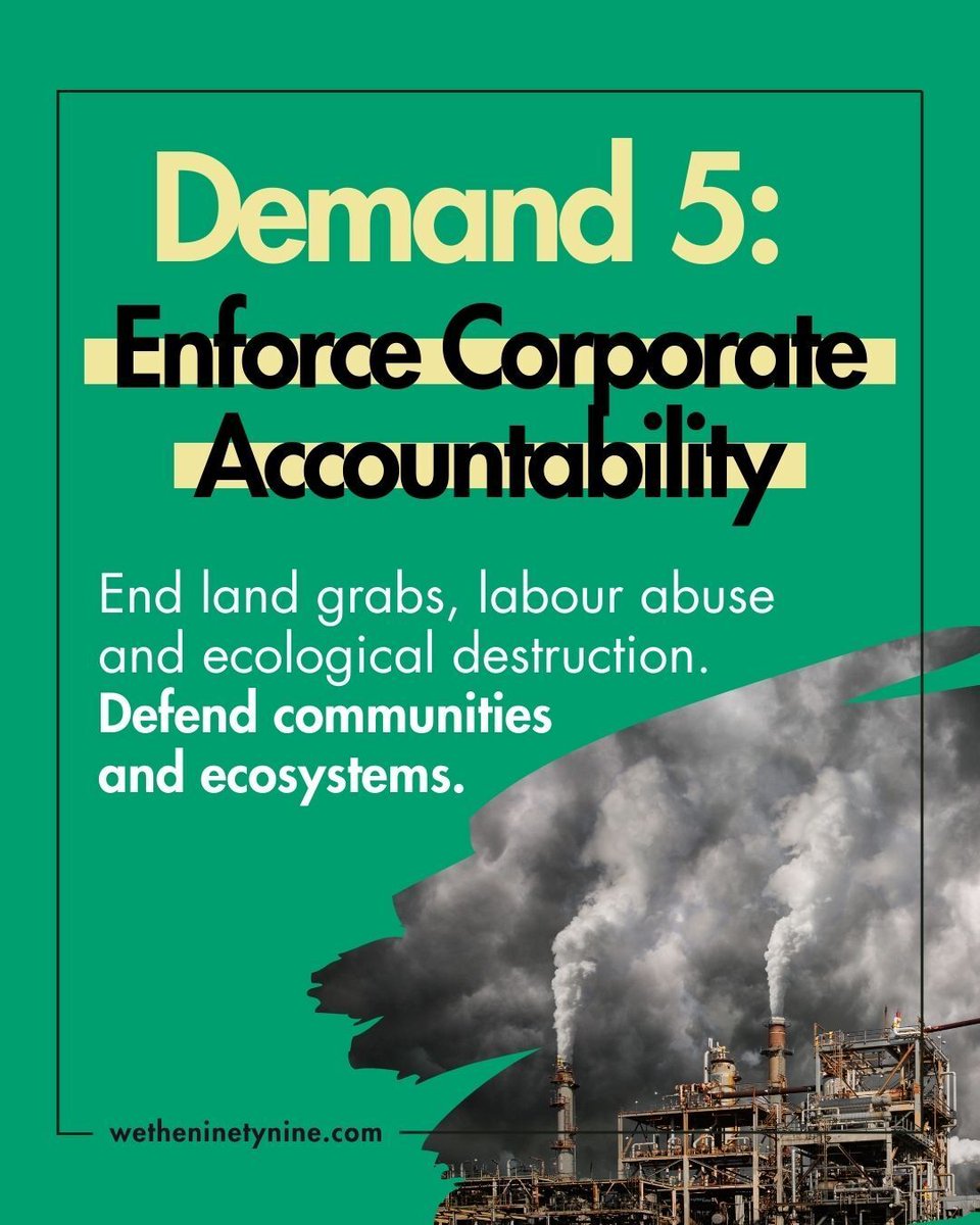 Corporations must be held accountable for land grabs, labour abuse and ecological destruction. ​ We demand justice for communities and ecosystems. ​ 🌱✊  

Read the full Johannesburg We The 99 declaration: wetheninetynine.com/declaration/ 

#CorporateAccountability #WeThe99