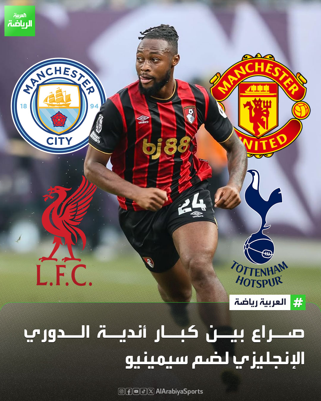 "سكاي سبورتس". يتنافس مانشستر يونايتد ومانشستر سيتي وليفربول وتوتنهام بقوة على ضم أنطوان سيمينيو من بورنموث في شهر يناير 