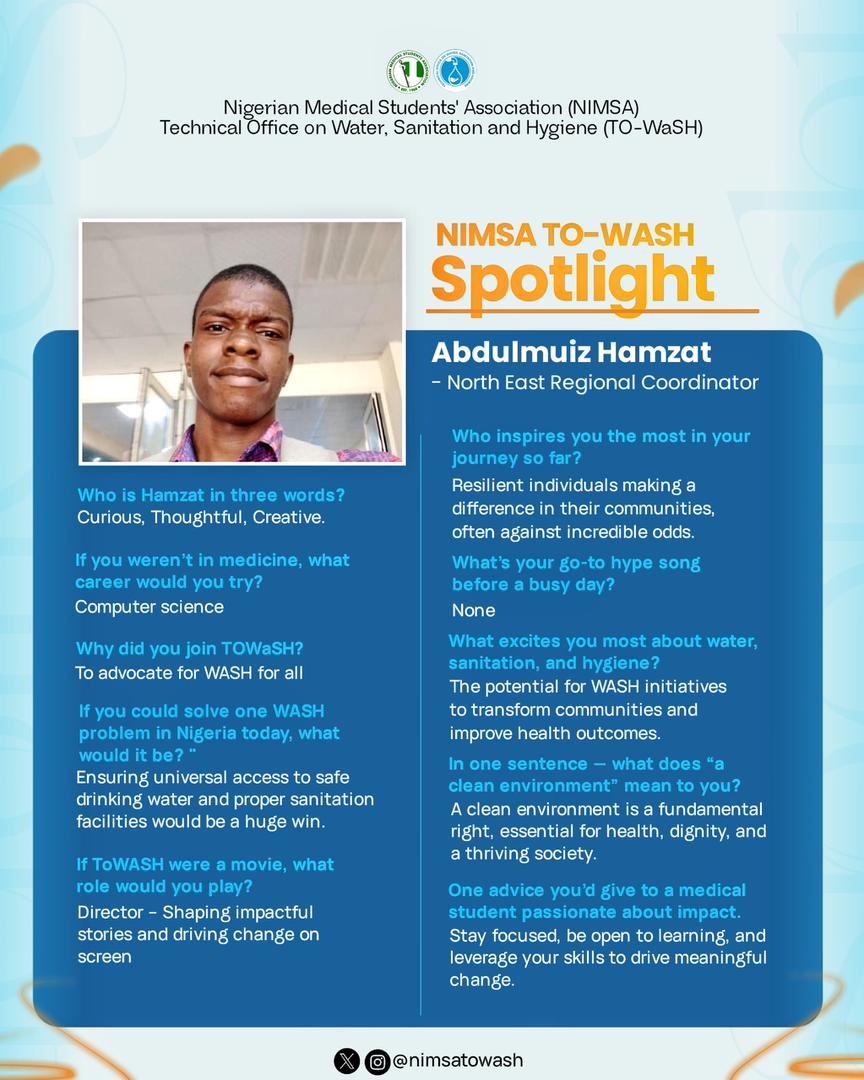 nimsaTOWASH's tweet photo. TO-WaSH Spotlight Series Day 14! 🩵

Meet Hamzat, our North-East Regional Coordinator I and a WaSH advocate from the very beginning; he is also known as Dr. Water!😎

Hamzat’s commitment to WaSH goes beyond holding a position; it is reflected in how he thinks, leads, and https://t.co/ZvLhzTctnJ