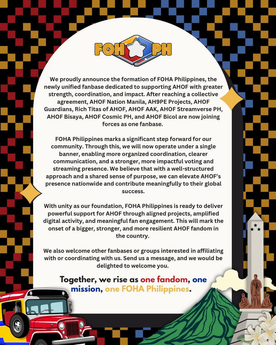 FOHAPhilippines's tweet photo. FOHA Philippines officially launches as a unified Filipino AHOF fanbase. Stronger together, aligned in purpose, and ready to support with impact. PH fanbases who wish to join, DM us and we’ll gladly welcome you.

#FOHAUnitesPH
#FOHAPhilippinesOfficial https://t.co/ZPINmgMq4a