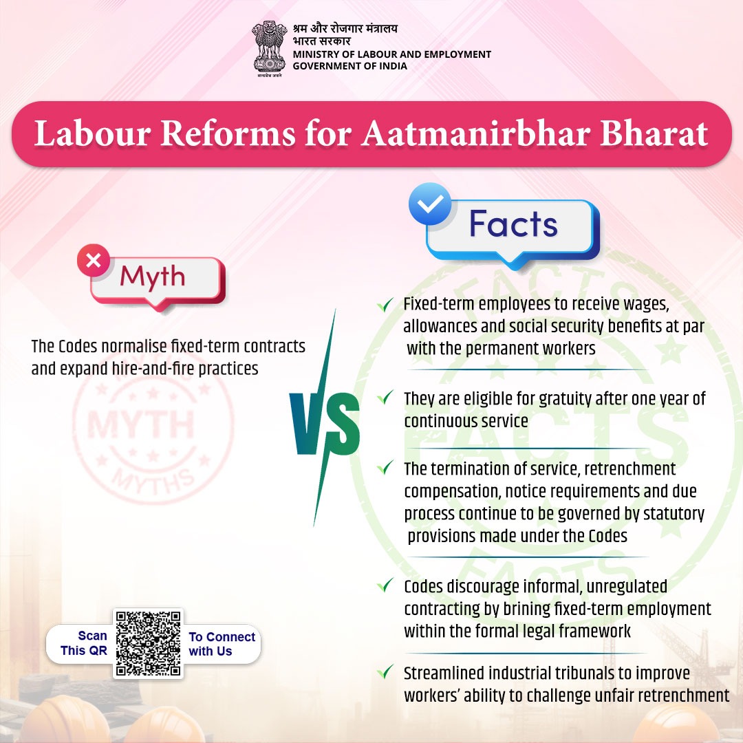 Fixed-term workers receive equal wages, social security benefits &amp; are eligible for gratuity after one year of continuous service. The codes discourage informal, unregulated contractual employment by bringing fixed term employees within the formal legal framework.

#ShramevJayate