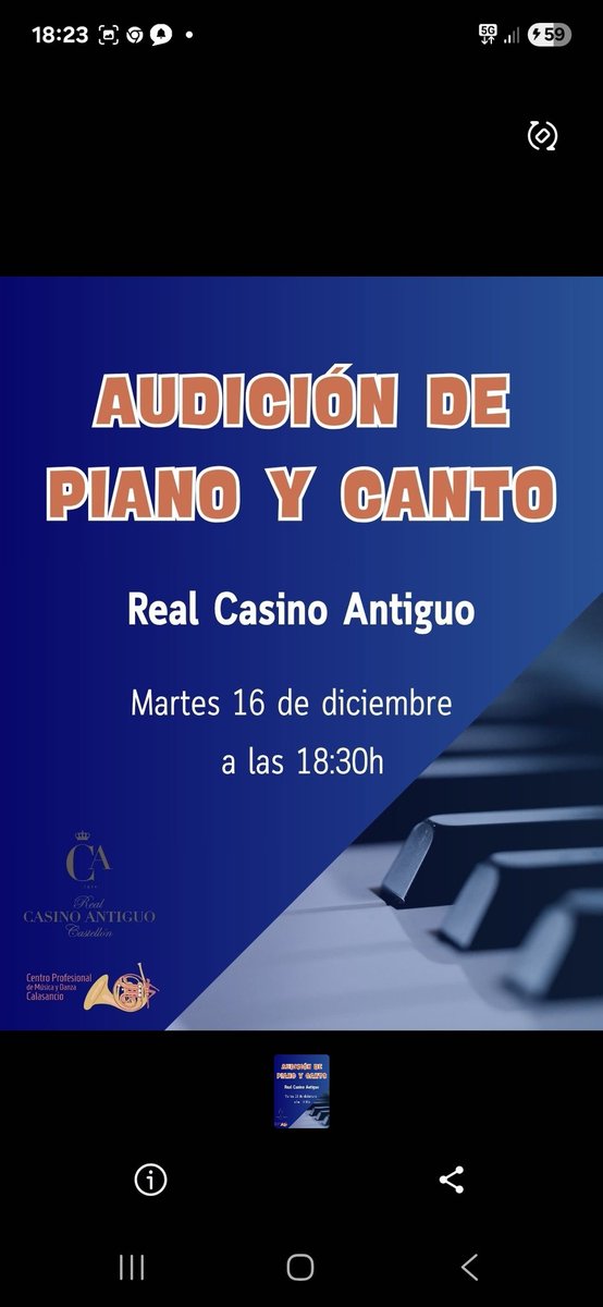 A las 18'30h, hoy en Real CasinoAntiguo, Audición de Piano y Música por alumnos del @calasanciocastellon 

** Entrada libre hasta completar aforo