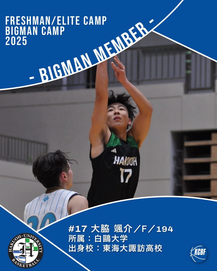 【お知らせ】
12月20日(土)、21日(日)に行われるビッグマンキャンプのメンバーが決定🙌

#17 大脇 颯介(白鷗大)

#大学バスケ
#KCBF