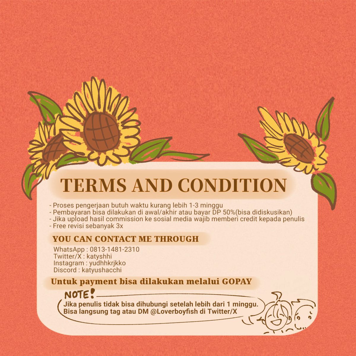 Halo teman-teman semua!!

Bulan ini aku kembali buka commis dengan target Rp200.000. Buat yang perlu asupan yume, fic, atau in-game mechanic untuk OC, bisa langsung DM di X, Discord, atau WA yang tersedia di bawah ini 👇🏻👇🏻👇🏻

All shares and retweets are appreciated. Thank you (^^