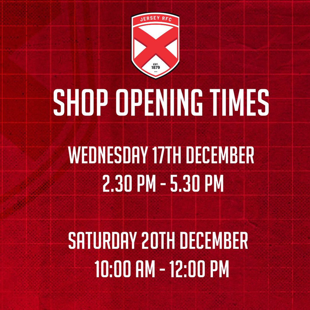 🛍️ Jersey RFC Club Shop Opening Times 

Need to grab some Jersey RFC gear? The club shop will be open on the following dates:

📅 Wednesday 17th December
⏰ 2:30 PM – 5:30 PM

📅 Saturday 20th December
⏰ 10:00 AM – 12:00 PM

Perfect chance to pick up gifts for Christmas 🎄