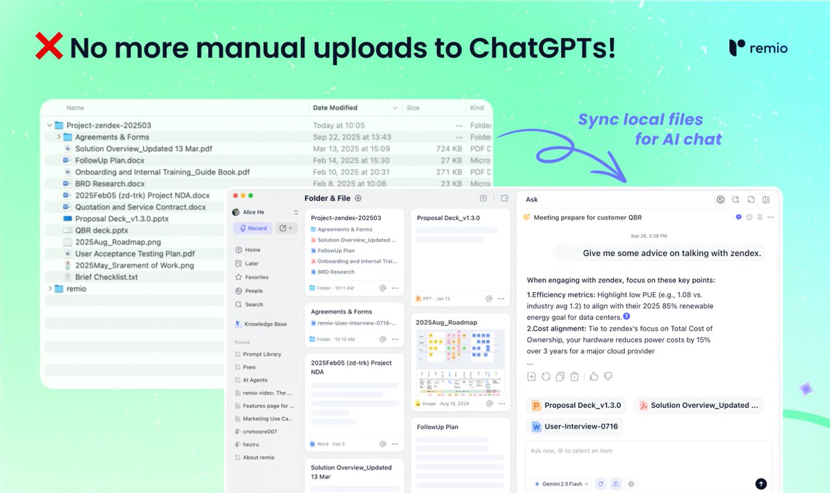 Ronycoder's tweet image. ❌ 2. No more manual uploads to ChatGPTs!

Simply connect your folders once, and remio automatically indexes all your files in real-time, making your entire project history instantly chatable with AI.