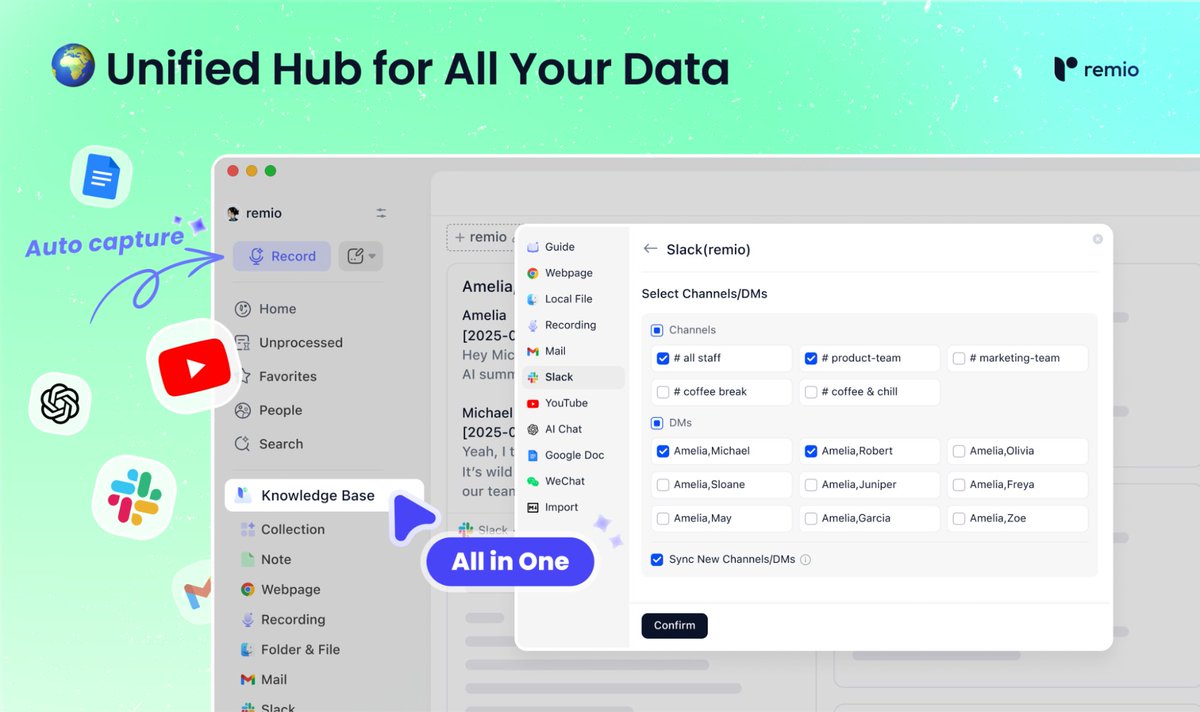 Ronycoder's tweet image. 🌍 4. Unified Hub for All Your Data

End the frustrating search across countless apps where your knowledge is trapped. remio 2.0 breaks down the silos by integrating everything from websites to Slack and emails… creating a single, central, searchable encyclopedia for all your…