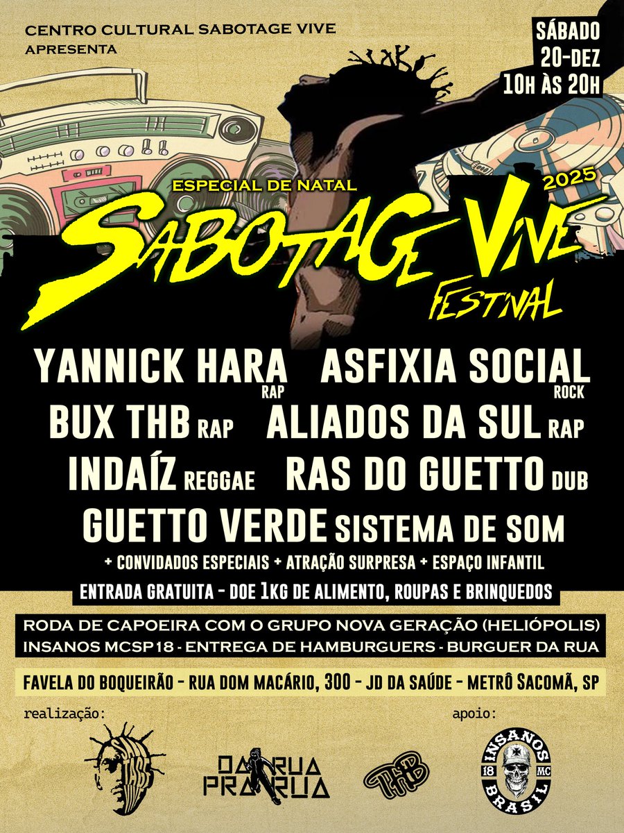 Indaizoficial's tweet photo. Nesse sábado - 20 de dezembro - a celebração é grande no Festival Sabotage Vive - Especial de Natal, com shows de rap, rock, reggae, música brasileira, apresentações de capoeira, convidados especiais, espaço infantil e ações sociais diversas, aqui na Favela do Boqueirão SP https://t.co/ILzmNU5DuZ