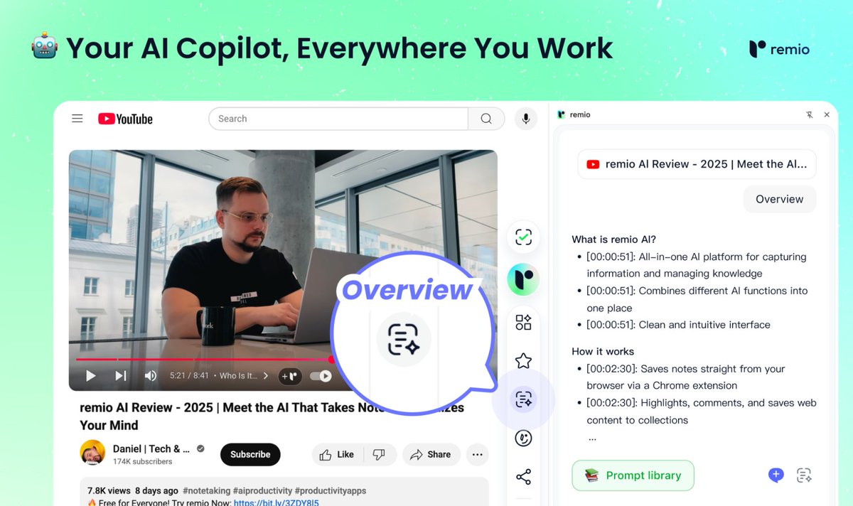 Ronycoder's tweet image. 🤖 5. Your AI Copilot, Everywhere You Work

Get instant AI help without breaking your flow or switching apps. remio's intelligence is seamlessly integrated into your workflow, from our dual-pane editor to your browser, allowing you to summarize, draft, and find answers wherever…