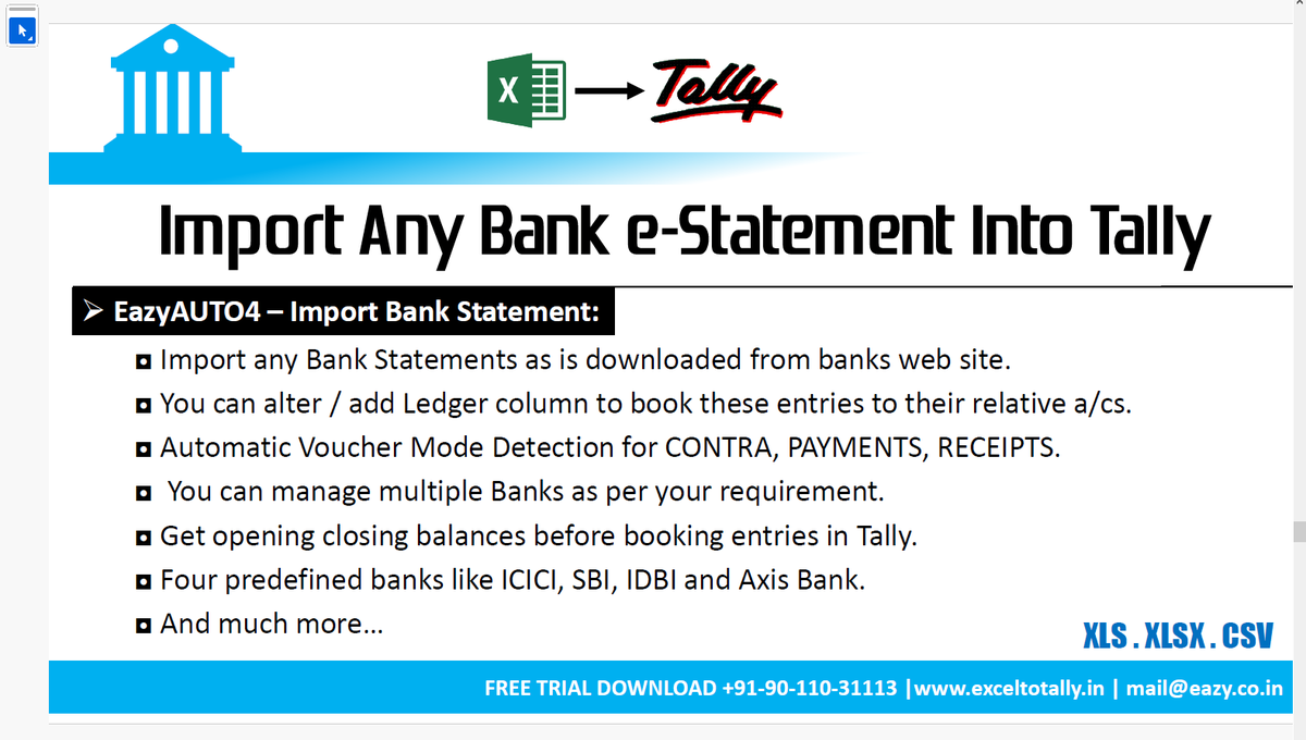 TaxationUpdates's tweet photo. "EazyAUTO4" - Smart Solution for Excel/PDF to Tally

Using this software you can import Sale/Purchase/Journal/Receipts/Payments/Debit Note/Credit Note entries from Excel format to Tally software with accuracy and speed  

Using "AI Based PDF to Tally Bank Statement Import" features through which you can import PDF format bank statement of any bank directly into tally with ledger mapping options and many more functions

Unique Features 
🔹Selection of Date Range - Import only those range of transactions which you want to enter from the whole statement, so that duplication of bank entries will not happen

🔹Option of filter in all column of bank like Date, Ledger Name, Amount, Narration etc 

🔹Unique feature is "SmartAI Suspense Filter Rules" using it you can create Rules specific to your requirement for Receipts, Payment and Contra Entries 

For rules you can apply filter like Containing, Ending, Amt > , Amt <, Amt =, Amt <>, Amt Between, Starting, Not-Containing, Not-Starting, Not-Ending and you can save those rules also for future reference so next time whenever you import the same bank it is easy to apply those rules again.

Link to try Demo
https://t.co/4FmCUhMuD3 by @exceltotally