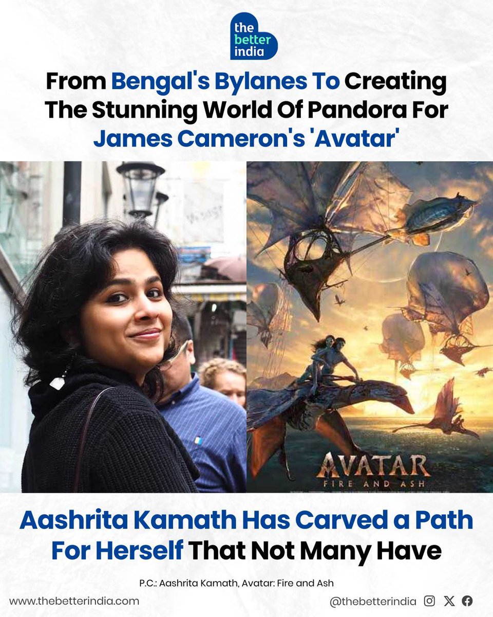 thebetterindia's tweet photo. Born in West Bengal, raised in Tamil Nadu, Aashrita Kamath spent her childhood creating Lego worlds, puppet shows, and sketches, little sparks of imagination that hinted at the universes she’d one day design. 

From studying Sociology at St. Xavier’s to winning a Student Academy Award at AFI Conservatory, she carved a path few dare to take and ended up shaping James Cameron’s Avatar: The Way of Water.

Scroll down to explore how a girl with books and dreams built an entire world.  

#AashritaKamath #WomenInFilm #VisualStorytelling

[Aashrita Kamath, Art Director, Women In Cinema]