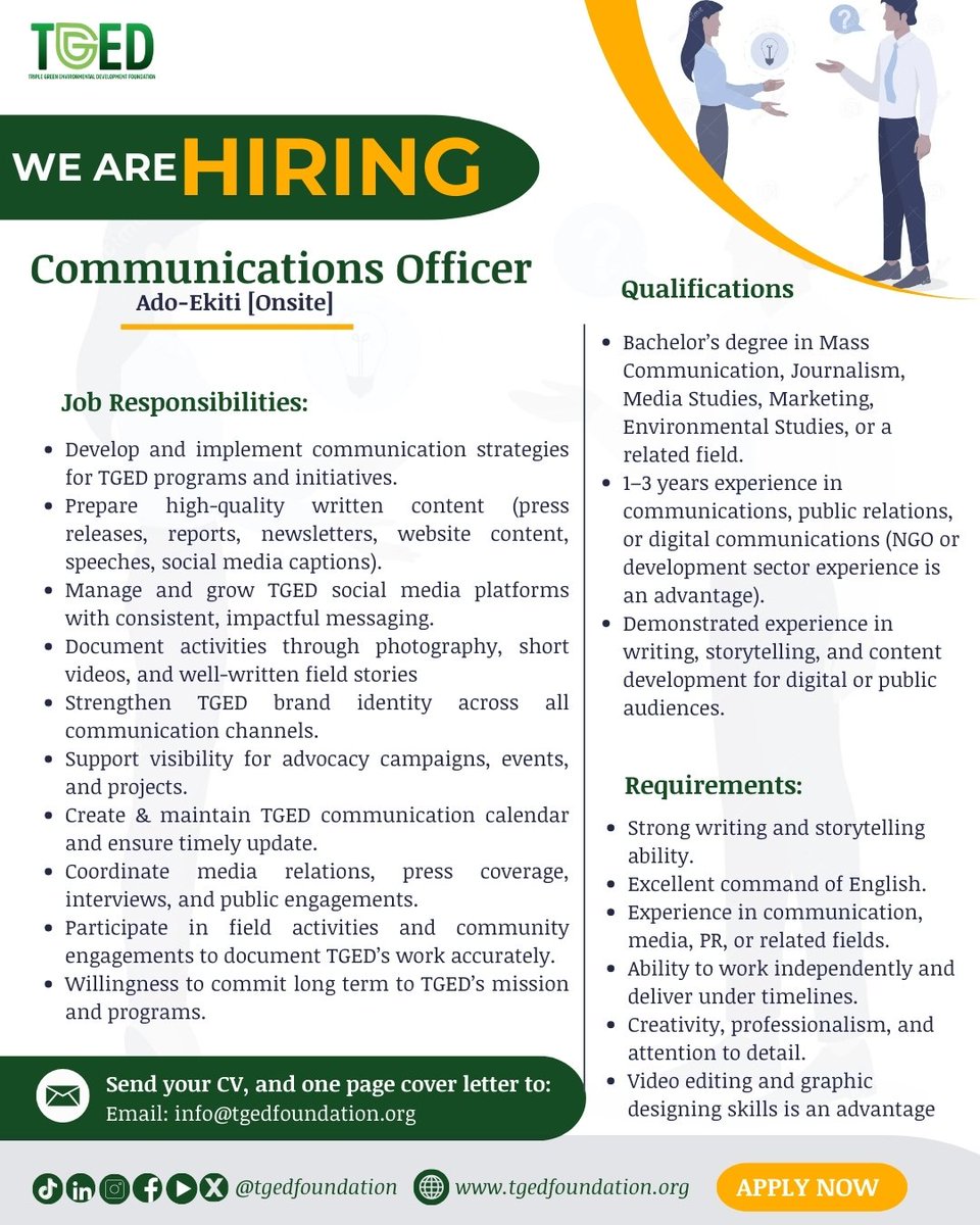tgedfoundation's tweet photo. Passionate about communication and storytelling for impact? TGED Foundation is hiring!
Deadline: 5th January
Apply: Send your CV and a brief cover letter to info@tgedfoundation.org
#TGEDFoundation #NowHiring #CommunicationsJobs #NGOCareers #DevelopmentSector #ClimateAction https://t.co/10AjCiD6CA