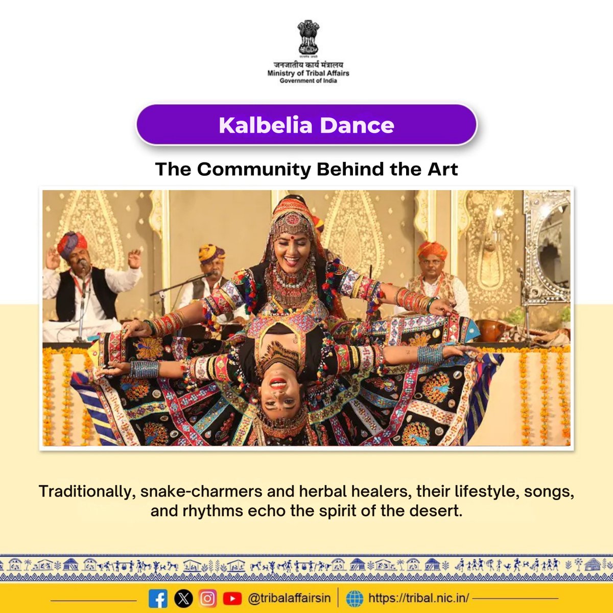 TribalAffairsIn's tweet image. Kalbelia Dance reflects the living heritage of Rajasthan’s Kalbelia tribal community showcasing grace, rhythm and storytelling rooted in desert traditions and honoured by UNESCO as Intangible Cultural Heritage.

#KalbeliaDance #IndianFolkArt #TribalHeritage #UNESCOHeritage…