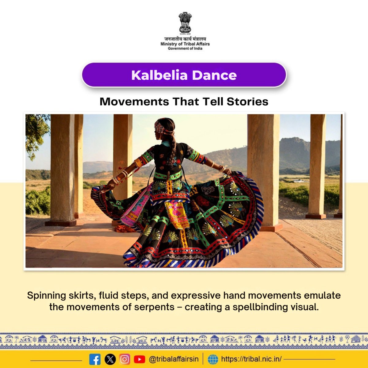 TribalAffairsIn's tweet image. Kalbelia Dance reflects the living heritage of Rajasthan’s Kalbelia tribal community showcasing grace, rhythm and storytelling rooted in desert traditions and honoured by UNESCO as Intangible Cultural Heritage.

#KalbeliaDance #IndianFolkArt #TribalHeritage #UNESCOHeritage…