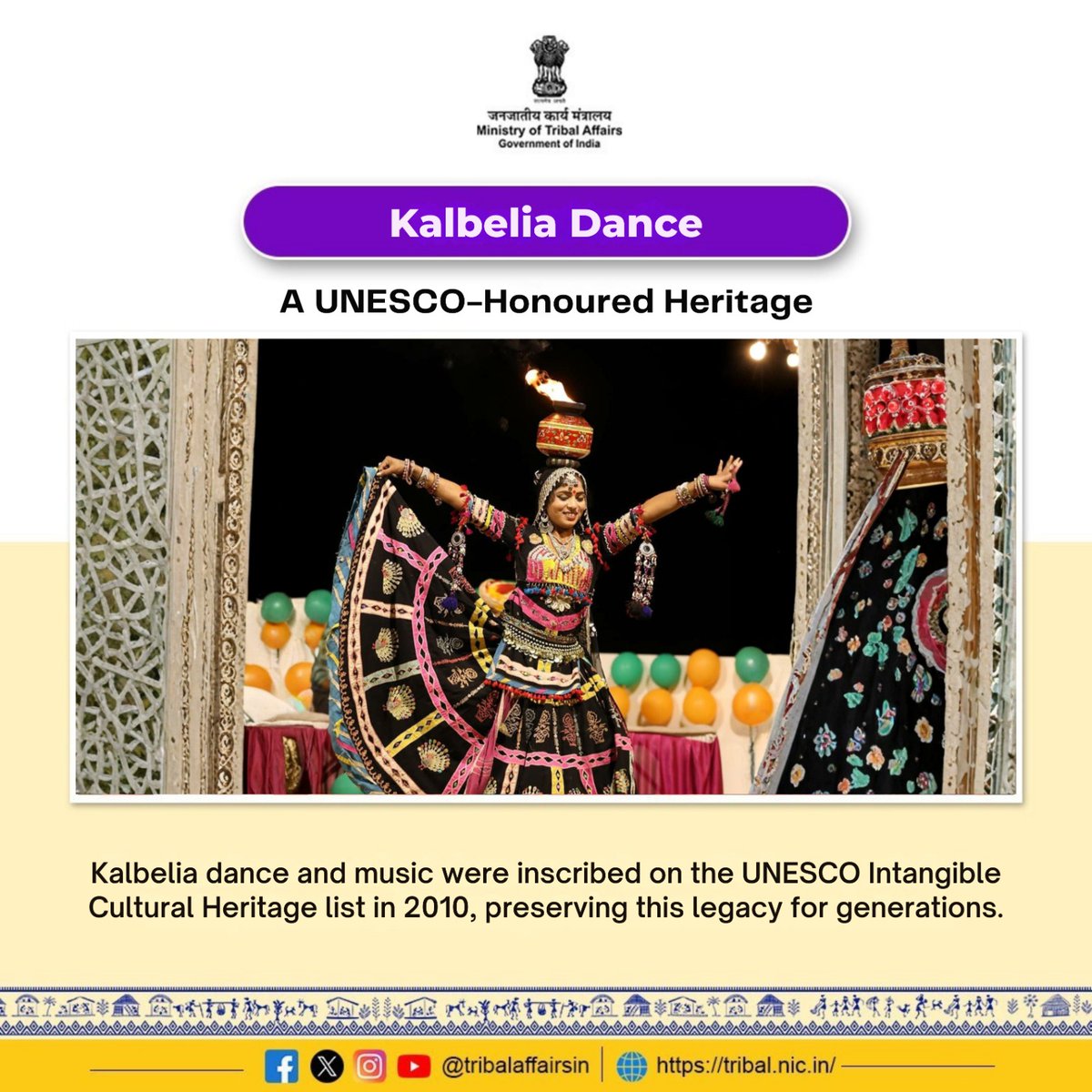 TribalAffairsIn's tweet image. Kalbelia Dance reflects the living heritage of Rajasthan’s Kalbelia tribal community showcasing grace, rhythm and storytelling rooted in desert traditions and honoured by UNESCO as Intangible Cultural Heritage.

#KalbeliaDance #IndianFolkArt #TribalHeritage #UNESCOHeritage…