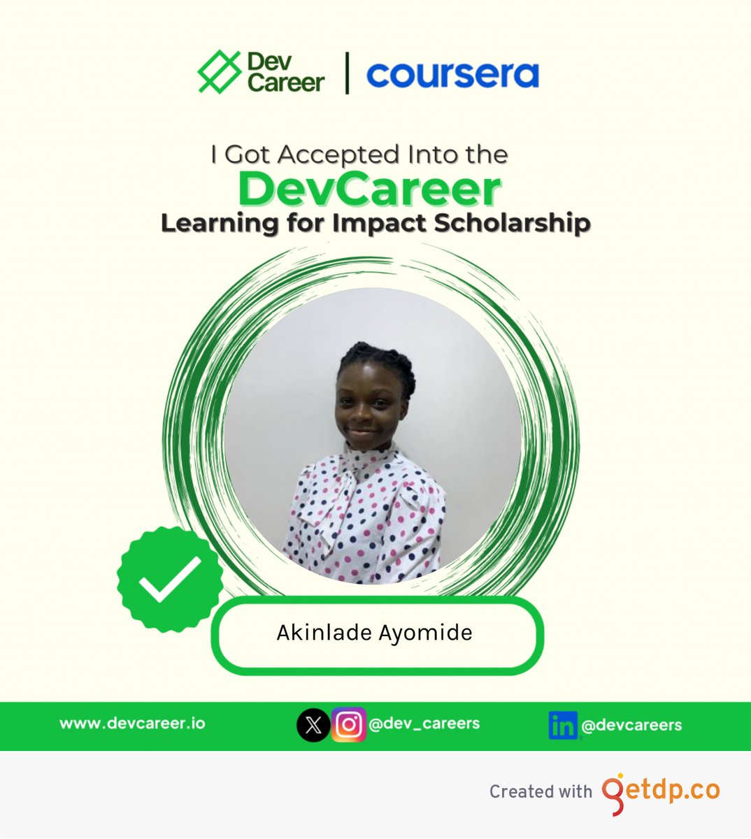 Congratulations to DevCareer and Coursera for selecting me as a scholarship recipient.I am thrilled and honored for this opportunity. Thank you for investing in my future and providing access to quality learning resources.

<a href="/dev_careers/">DevCareer Africa</a> 
#devcareerxcoursera #DCLearning4Impact