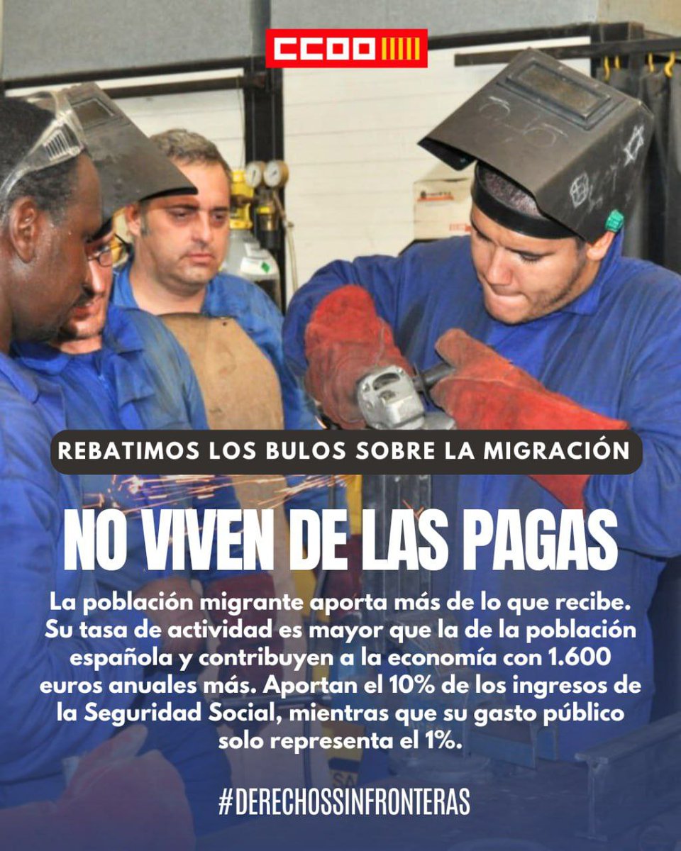 👉La población migrante aporta más de lo que recibe  

⬆️Aportan el 10% de los ingresos de la Seguridad Social, mientras que su gasto público solo representa el 1% .

❌Rebatimos los bulos sobre la migración👇 
pv.ccoo.es/noticia:744753…

#DerechosSinFronteras
#DretsSenseFronteres
