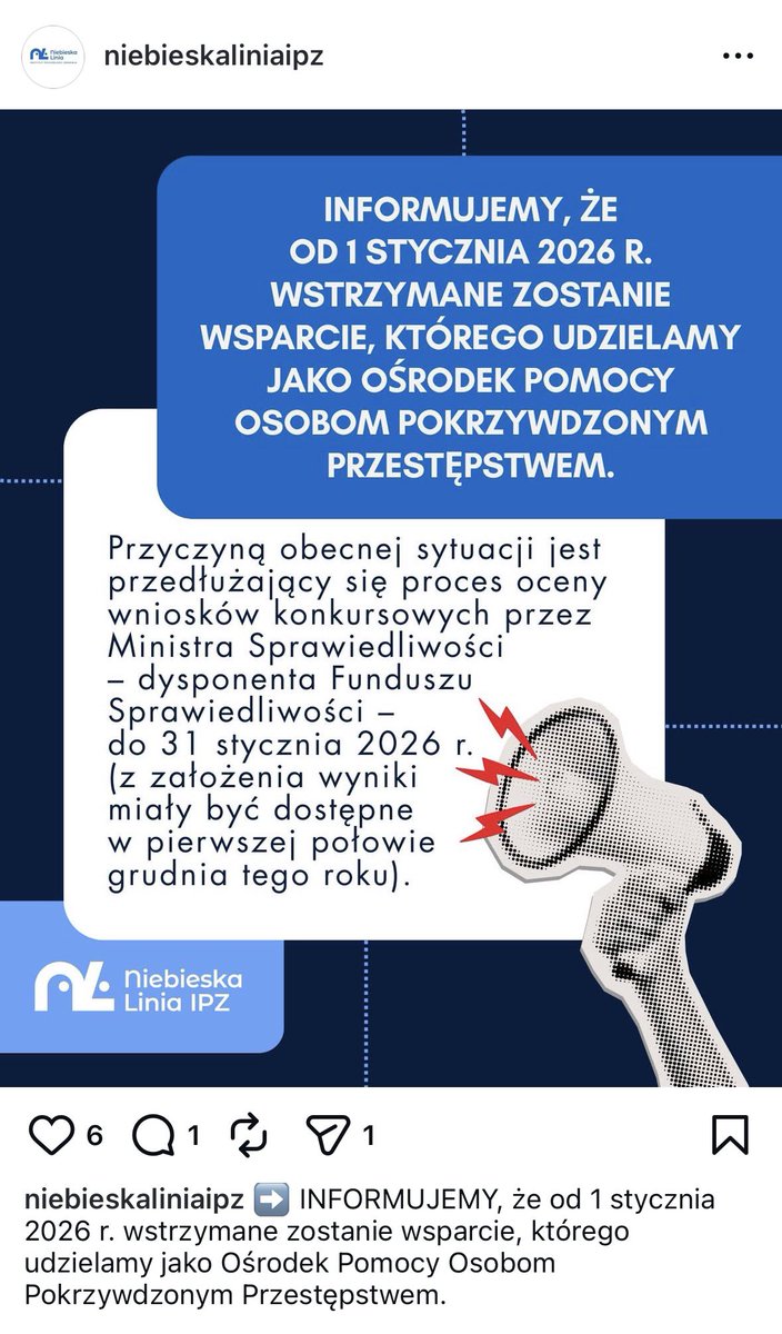 <a href="/NiebieskaLinia/">NIEBIESKA LINIA IPZ</a> ma problem! Od stycznia ma przestać funkcjonować! Bardzo proszę o interwencję. To jeden z niewielu solidnych i profesjonalnych ośrodków, które pomagają osobom pokrzywdzonym przestępstwem. 

<a href="/KotulaKat/">Katarzyna Kotula</a> <a href="/MariaEjchart/">Maria Ejchart</a> <a href="/w_zurek/">Waldemar Żurek</a> <a href="/MS_GOV_PL/">Min. Sprawiedliwości</a> <a href="/AM_Zukowska/">Anna-Maria Żukowska 💁🏻‍♀️</a> <a href="/szredzinska/">Renata Szredzinska</a>