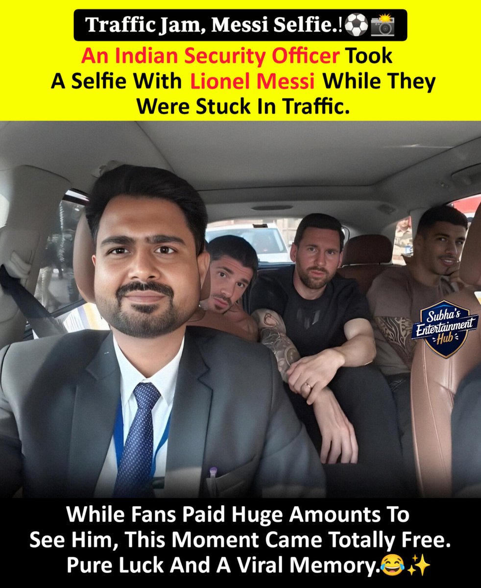 SubhaHub's tweet image. When Luck Beats Tickets! 🎟️😄 An Indian Cop Clicked A Selfie With Messi Stuck In Traffic — Pure Destiny, Pure Joy! 🇮🇳⚽📸 #MessiMagic #ViralMoment #PureLuck #IndiaLovesMessi