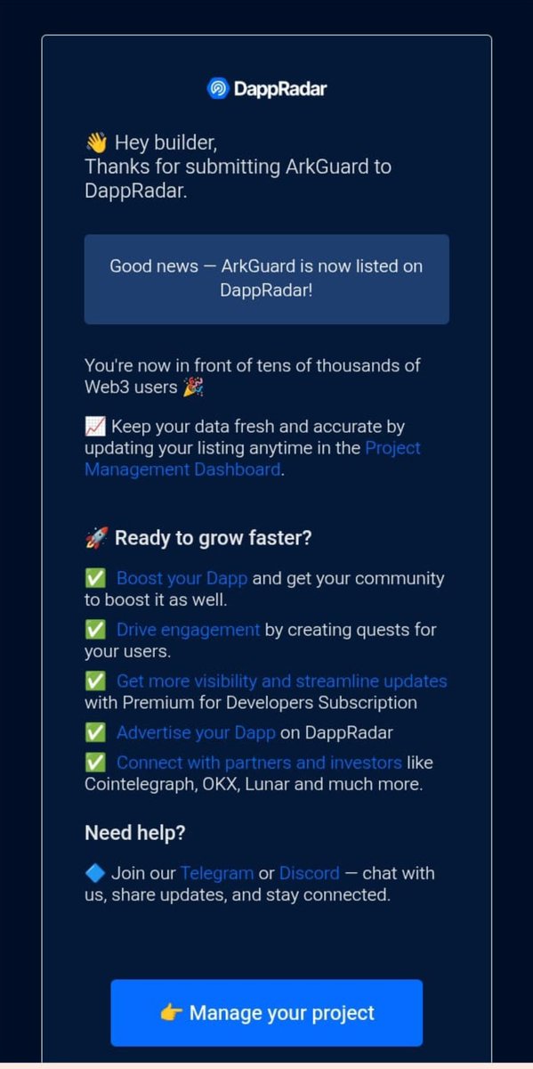 luizcrypt2's tweet photo. 🚀 OFFICIAL: ArkGuard is now listed on DappRadar

We’re proud to announce that ArkGuard has been officially listed on DappRadar, one of the largest Web3 dApp discovery platforms.

This listing puts ArkGuard in front of tens of thousands of Web3 users, strengthening visibility, credibility, and global reach. Built with a medium- and long-term vision, ArkGuard focuses on security, analysis, and protection within the crypto ecosystem.

This is just the beginning.

#Crypto #Web3 #DappRadar #Blockchain #BNBChain #DeFi #CryptoSecurity #Web3Tools #CryptoNews #BuildInPublic
@XRP1B @elonmusk
